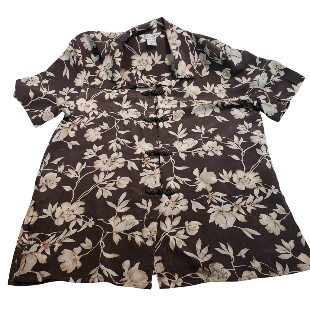 Deluxe 100% Silk Floral Frog Toggle Blouse Womens Large Brown‎ Short Sleeve Top